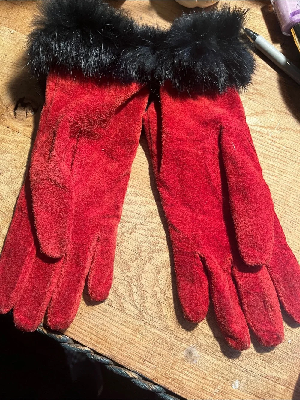 Genuine, red suede leather with rabbit fur!!